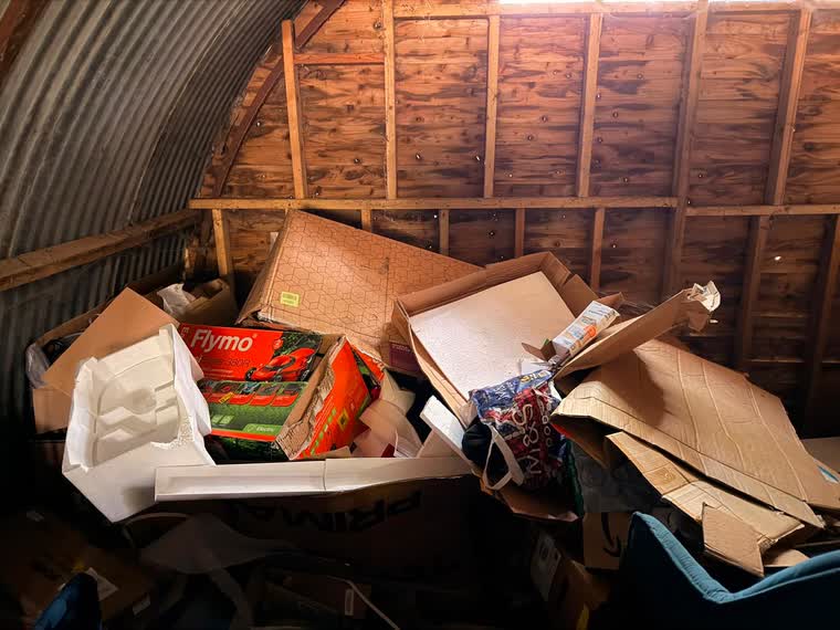 Inside a garden shed packed to the roof with old cardboard boxes and packaging before clearance